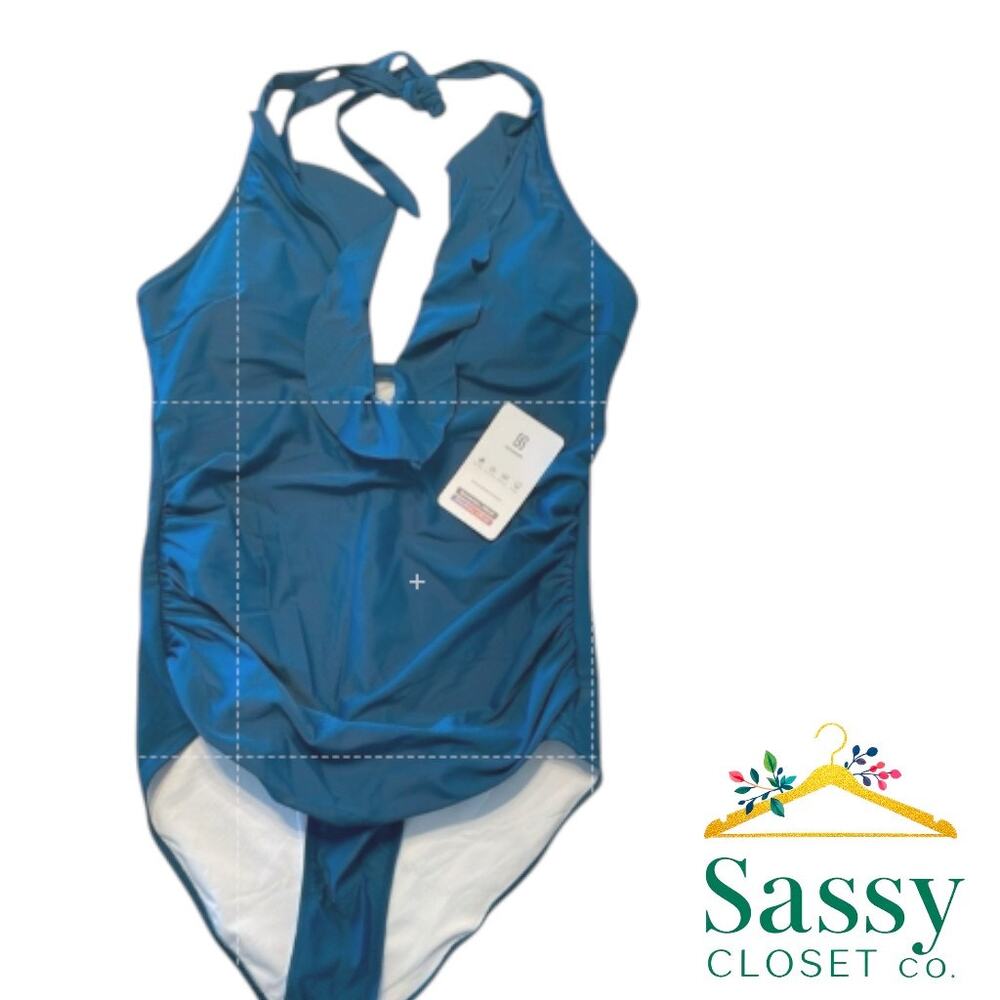 Teal Blue Ruffle Halter One‑Piece Swimsuit Adjustable Tie‑Back L NWT